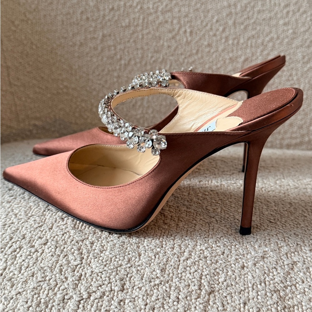 Jimmy Choo Brown Satin Crystal-Embellished Pointed-Toe Heels - Picture 3 of 4